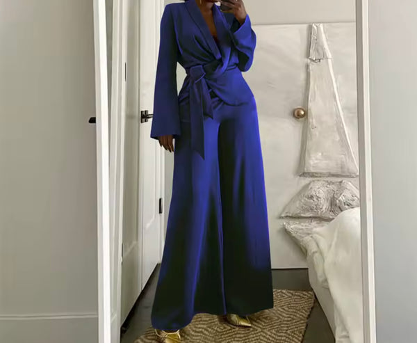 Women Color Fashion Tie Up Blazer Two Piece Wide Leg Pant Set
