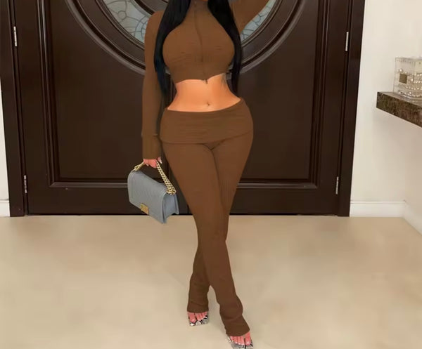 Women Zip Up Full Sleeve Crop Fashion Two Piece Pant Set