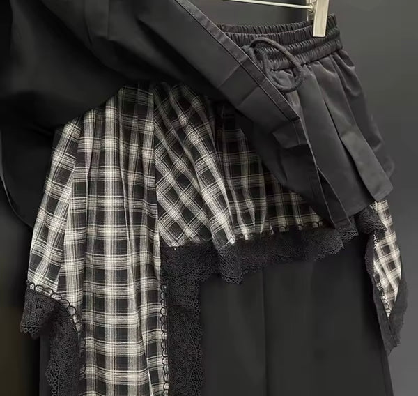 Women Fashion Ruffled Plaid Patchwork Wide Leg Pants
