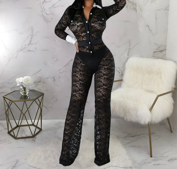 Women Sexy B&W Collar Lace Full Sleeve Jumpsuit