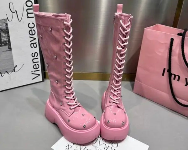 Women Fashion Platform Rhinestone Lace Up Ankle/Mid-Calf Boots