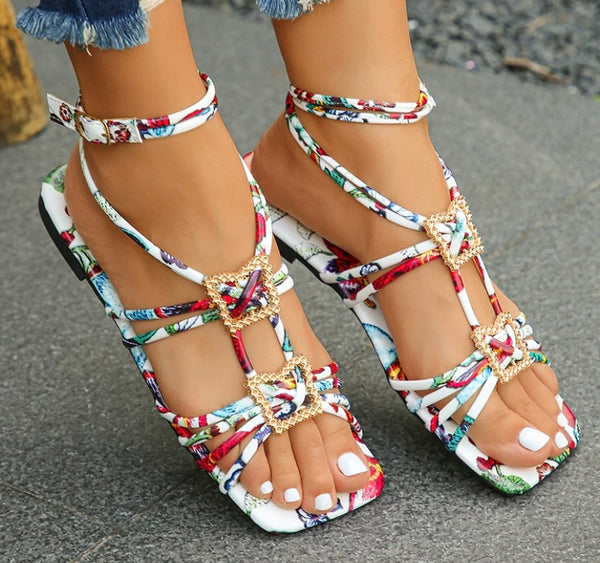 Women Fashion Multicolored Ankle Strap Flat Sandals