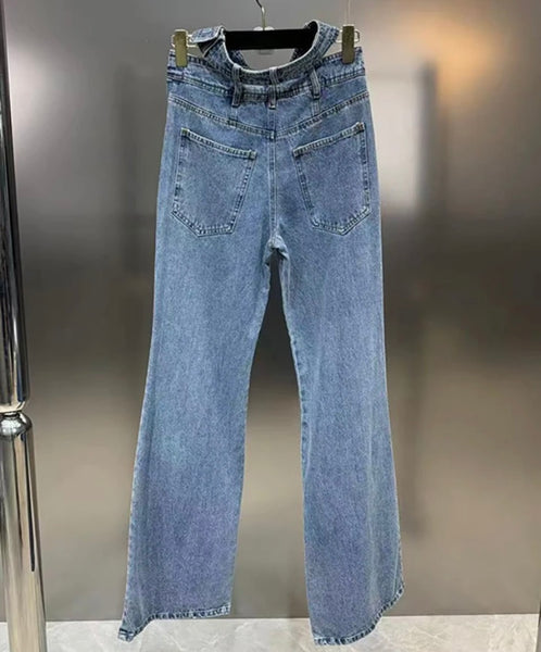 Women Sexy Fashion Button Up Crop Two Piece Denim Pant Set