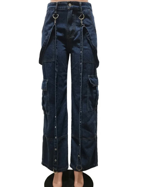 Women Fashion Suspenders Cargo Denim Pants