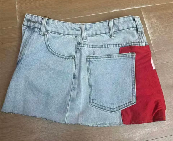 Women Sexy Fashion Color Number Print Ripped Denim Skirt