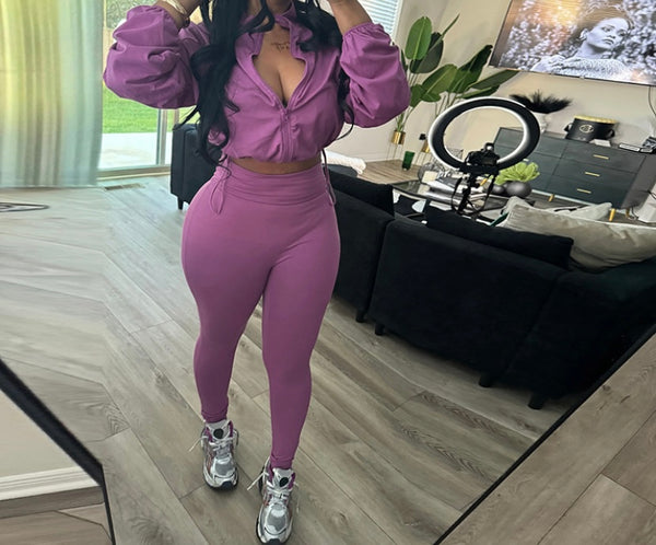 Women Fashion Solid Color Zip Up Full Sleeve Crop Two Piece Pant Set