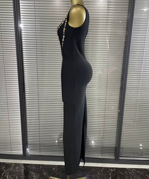 Women Black Rhinestone One Shoulder Sleeveless Maxi Dress