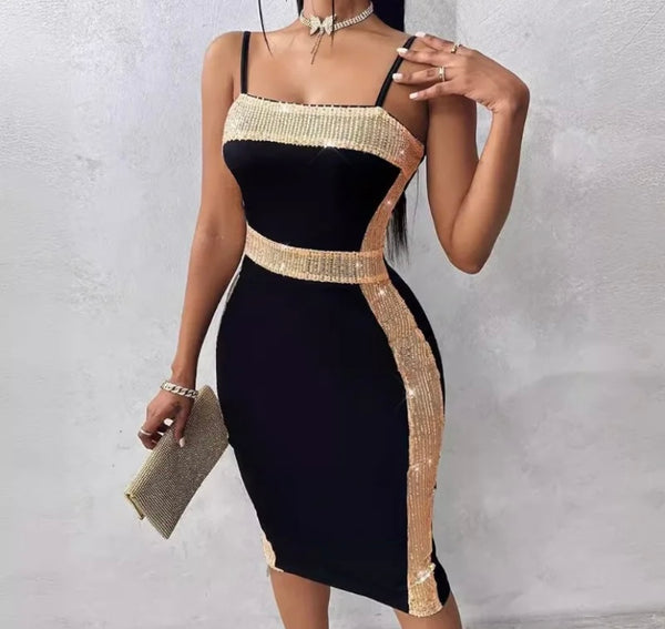 Women Sexy Sleeveless Black Gold Sequins Patchwork Dress