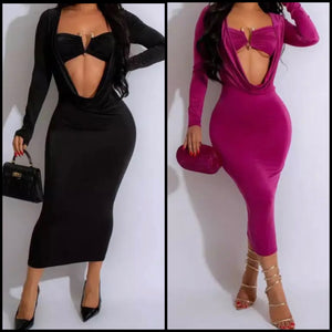 Women Sexy Solid Color Cut Out Full Sleeve Maxi Dress