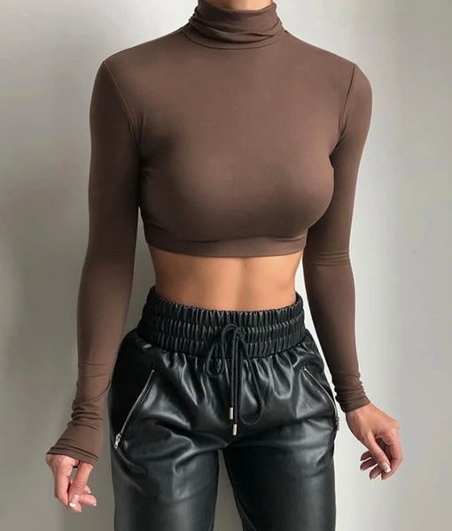 Women Fashion Full Sleeve Solid Color Turtleneck Crop Top