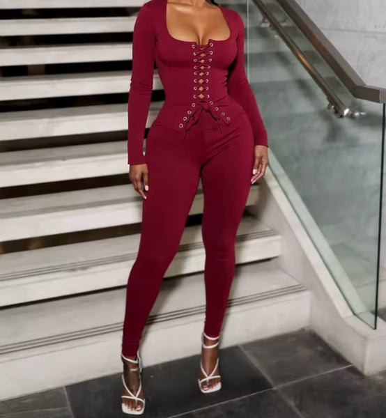 Women Fashion Lace Up Corset Full Sleeve Two Piece Pant Set