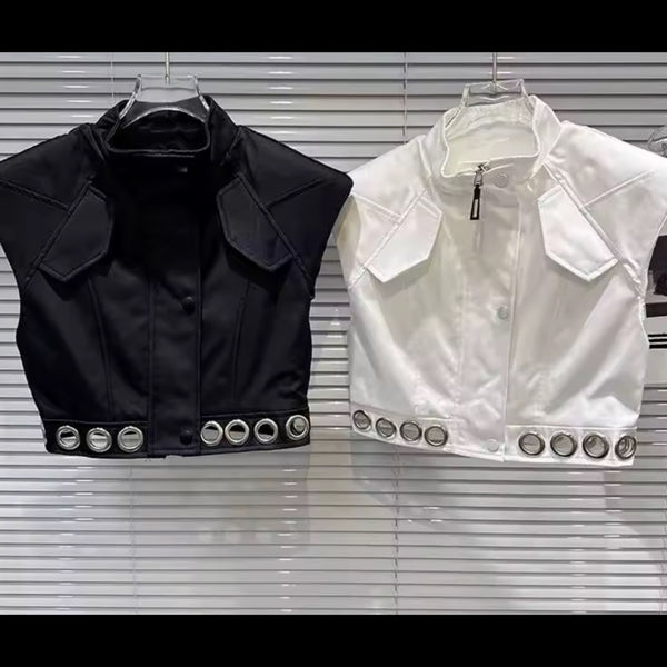Women Fashion Zipper Button Up Metal Ring Vest Jacket