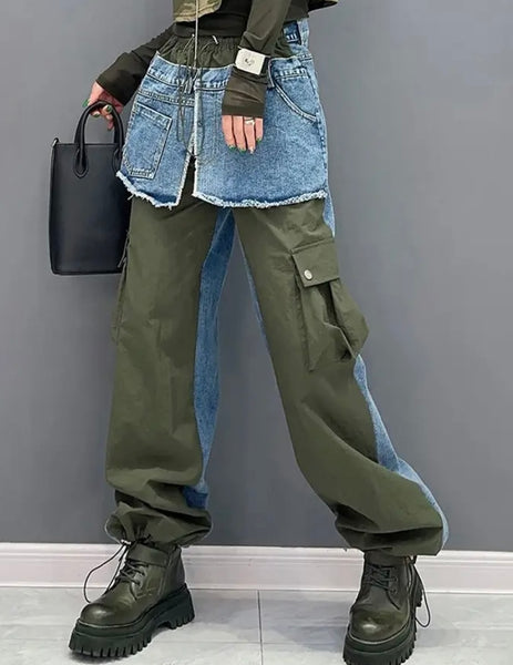 Women Fashion Color Denim Patchwork Cargo Pants