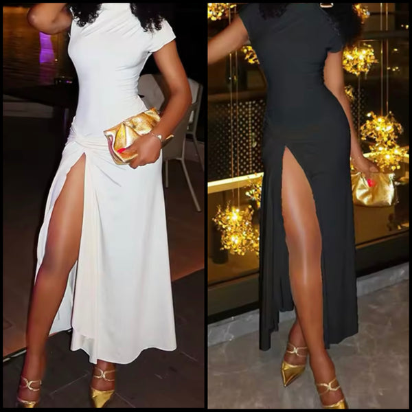 Women Sexy Solid Color Short Sleeve Front Split Maxi Dress