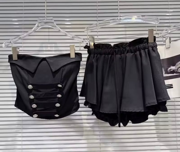 Women Button Strapless Fashion Two Piece Short Set