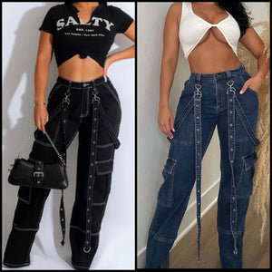 Women Fashion Suspenders Cargo Denim Pants