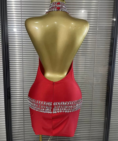 Women Sexy Halter Sleeveless Open Back Rhinestone Dress