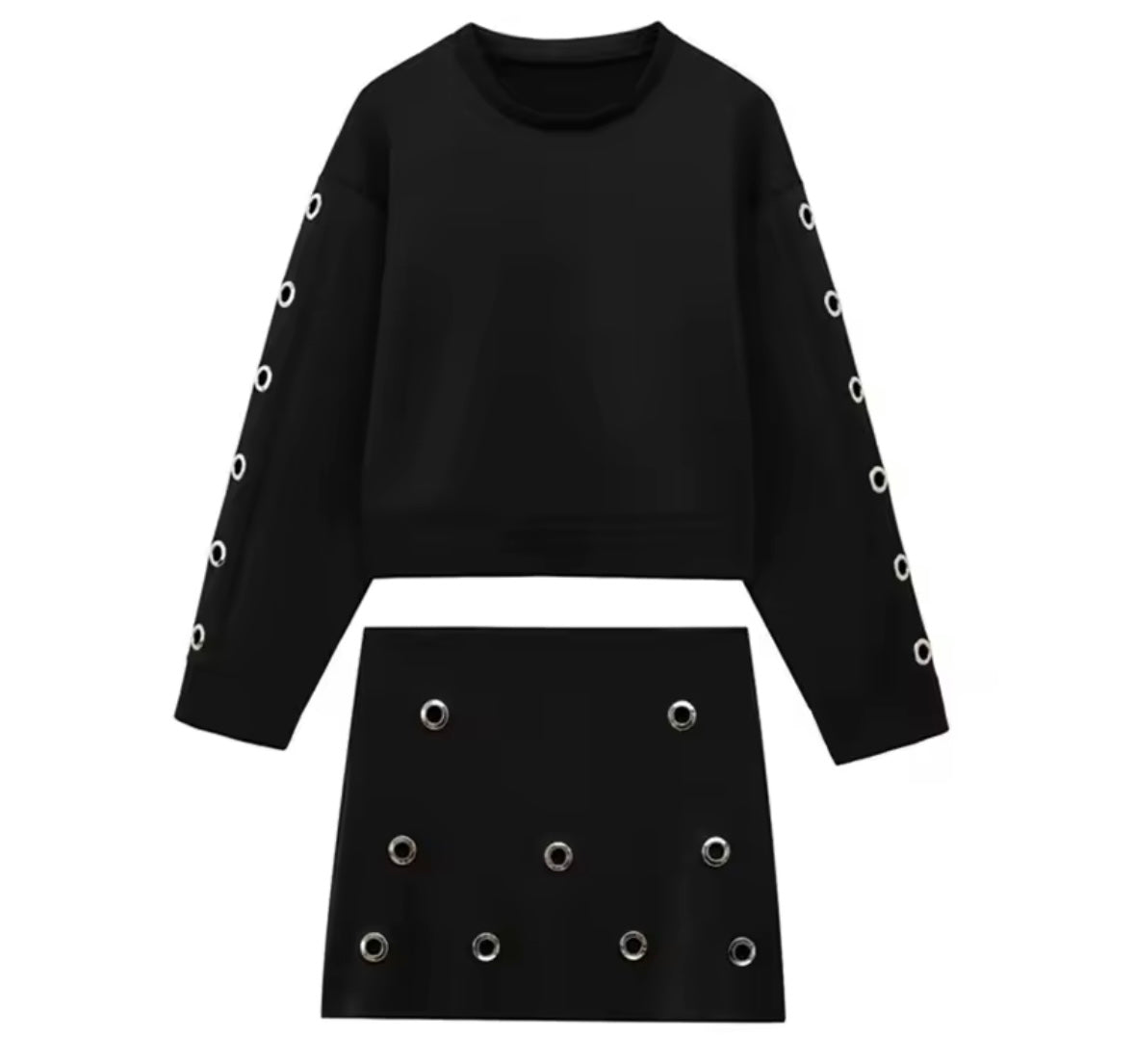 Women Fashion Black Metal Ring Two Piece Sweater Skirt Set