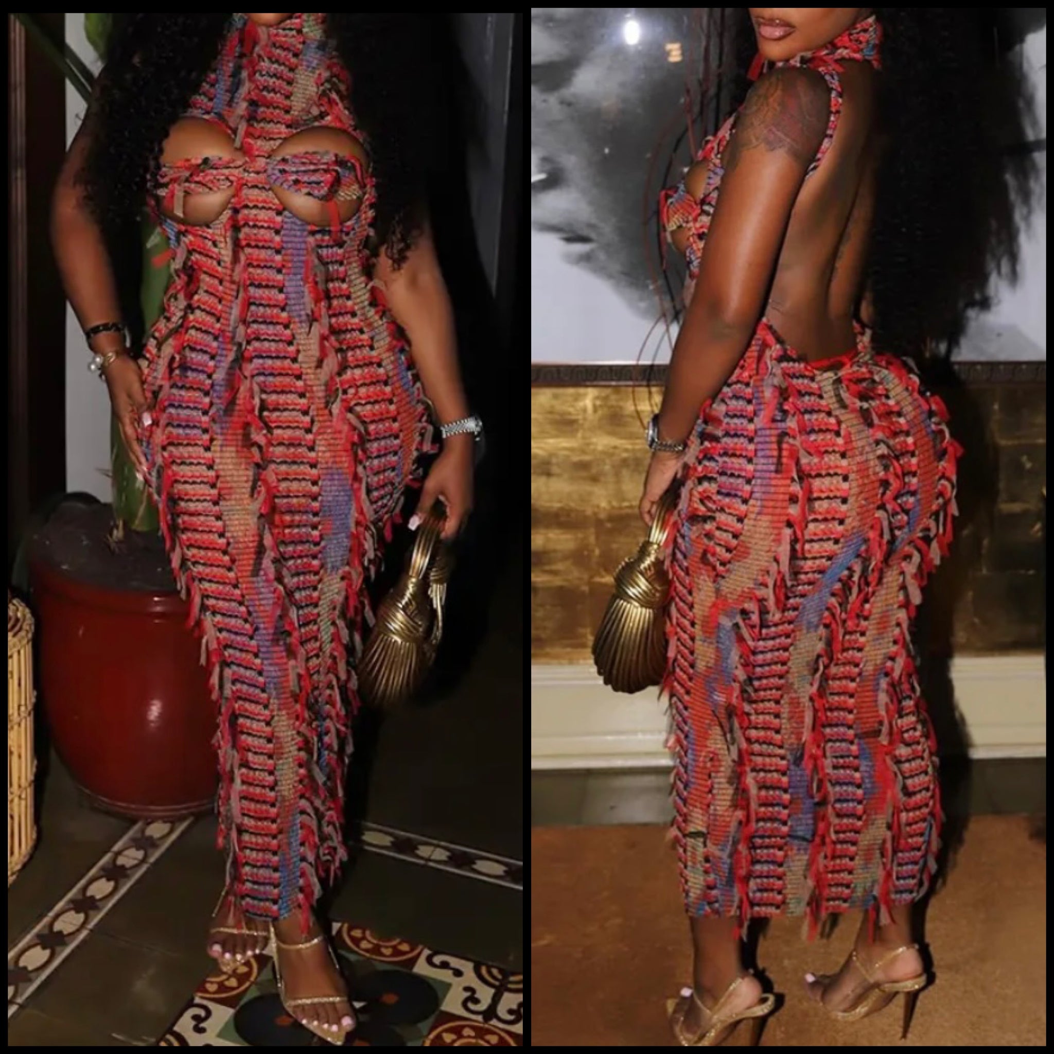 Women Sexy Cut Out Sleeveless Multicolored Fringe Maxi Dress