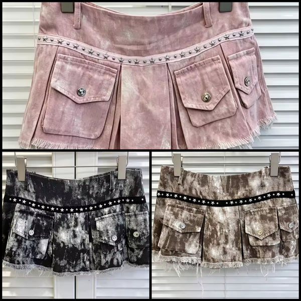 Women Sexy Fashion Rivet Pleated Denim Skirt