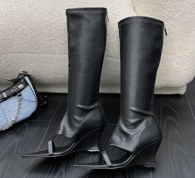 Women Fashion Pointed Open Toe Wedge Platform Knee High Boots