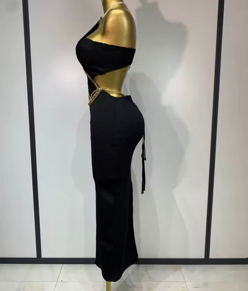 Women Black Halter Sleeveless Sexy Gold Chain Bandage Maxi Dress