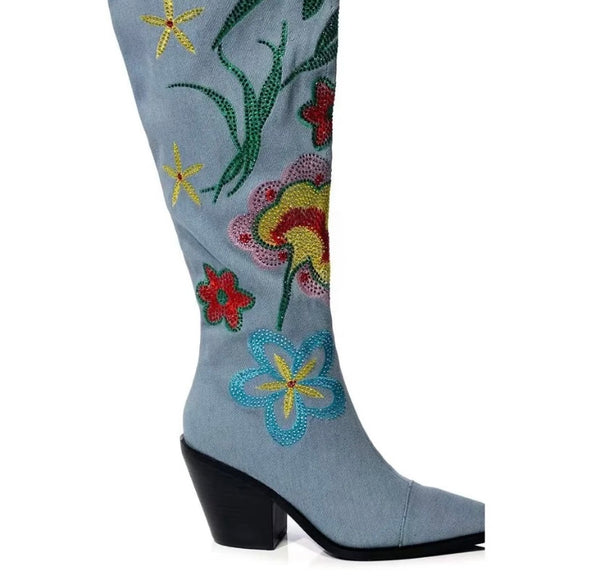 Women Fashion Printed Knee High Western Denim Boots