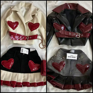 Women Fashion PU Heart Buckled Jacket Two Piece Denim Skirt Set