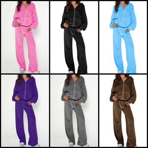 Women Color Fashion Hooded Velour Tracksuit Two Piece Pant Set