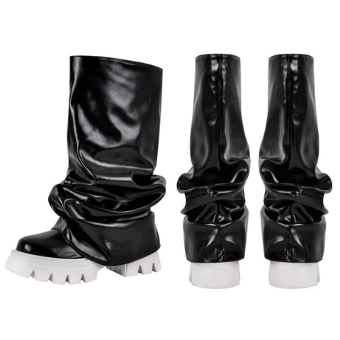 Women B&W Fashion Faux Leather Ruched Boots
