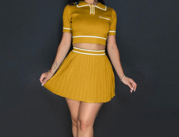 Women Sexy Short Sleeve Color Patchwork Two Piece Pleated Skirt Set