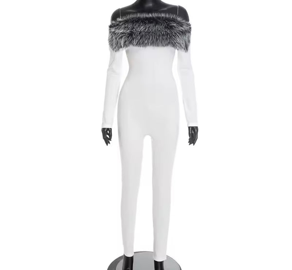 Women Fur Off The Shoulder Full Sleeve Fashion Jumpsuit
