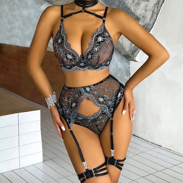 Women Sexy Choker Floral Mesh Lingerie Set