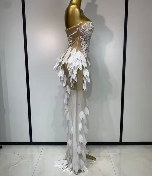 Women Sexy Strapless Beaded Feather Side Split Mesh Maxi Dress