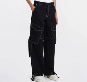 Women Fashion Drawstring Cargo Wide Leg Pants