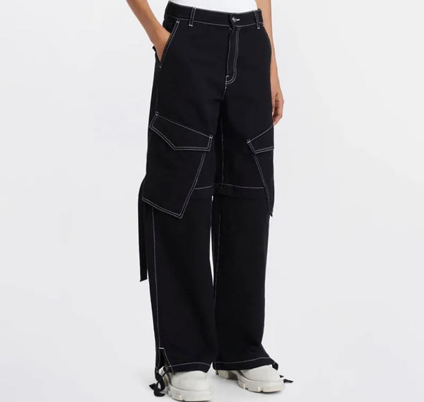 Women Fashion Drawstring Cargo Wide Leg Pants