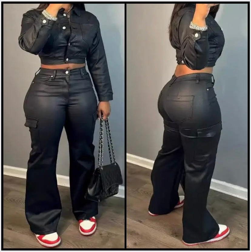 Women Fashion Black Faux Leather Button Up Two Piece Pant Set