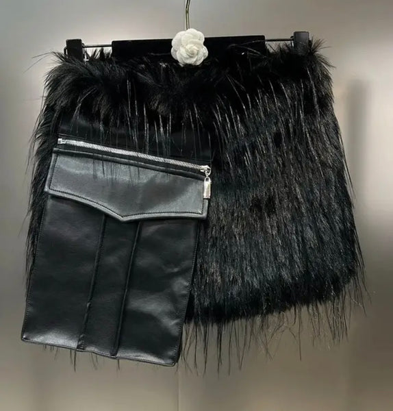 Women Black Fashion Faux Fur PU Pocket Skirt