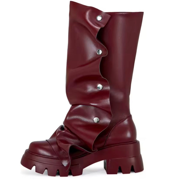 Women Fashion Color Button Faux Leather Flat Boots