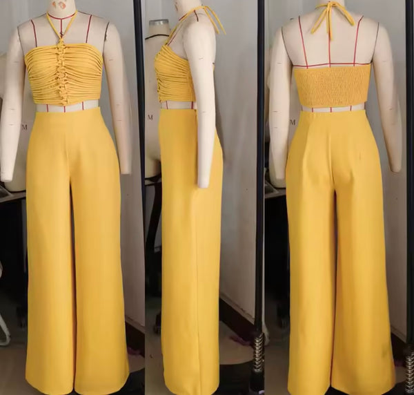 Women Halter Sleeveless Ruched Fashion Two Piece Pant Set