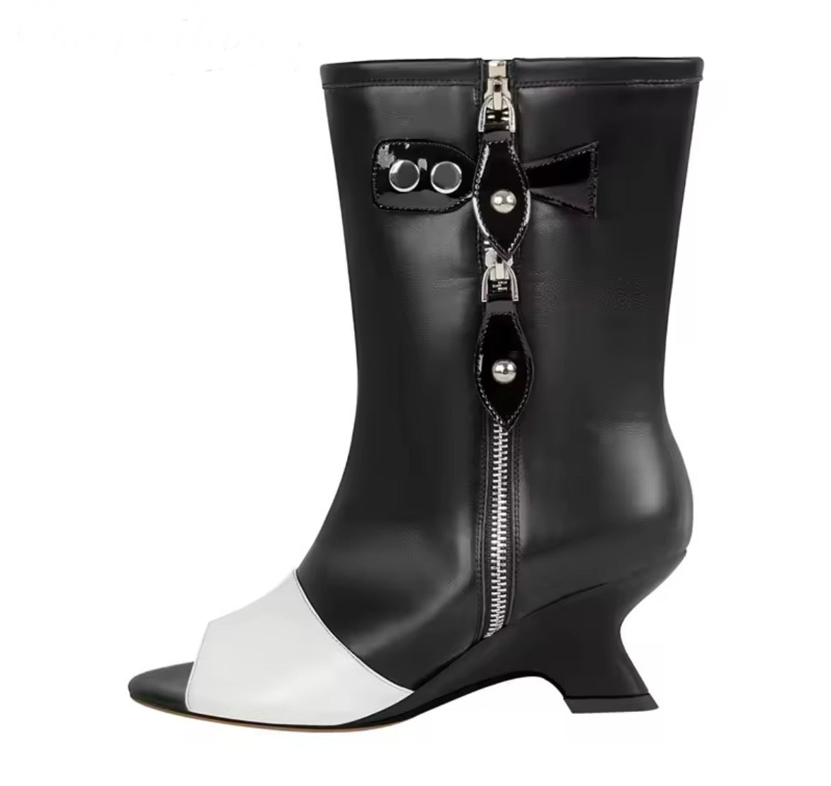 Women Fashion B&W Open Toe Zip Up Buckled Ankle/Knee High Boots