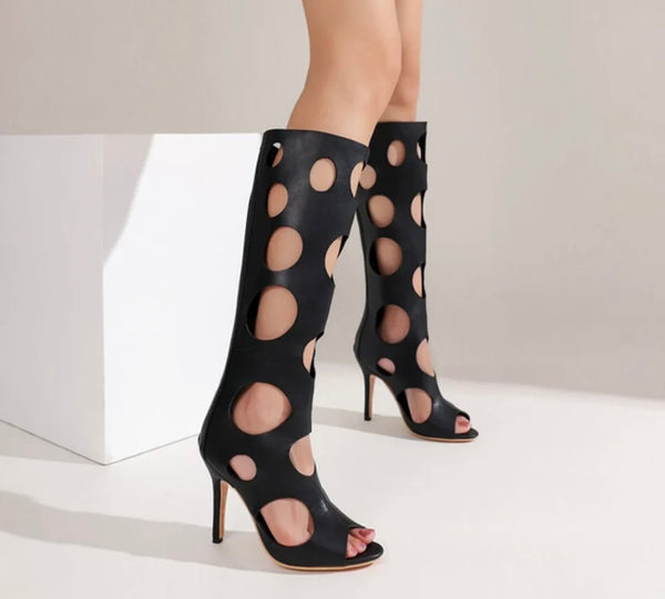 Women Fashion Circle Cut Out Faux Leather Knee High Boots