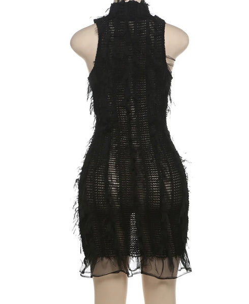 Women Sexy Sleeveless Black See Through Mesh Dress