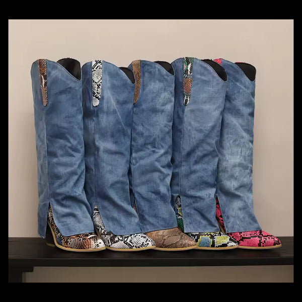 Women Fashion Color Animal Print Denim Knee High Western Boots