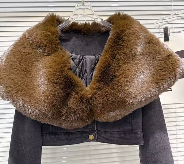 Women Fashion Brown Faux Fur Patchwork Denim Jacket