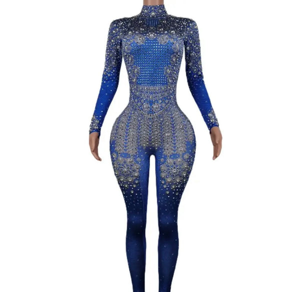 Women Blue Sexy Full Sleeve Rivet Rhinestone Jumpsuit