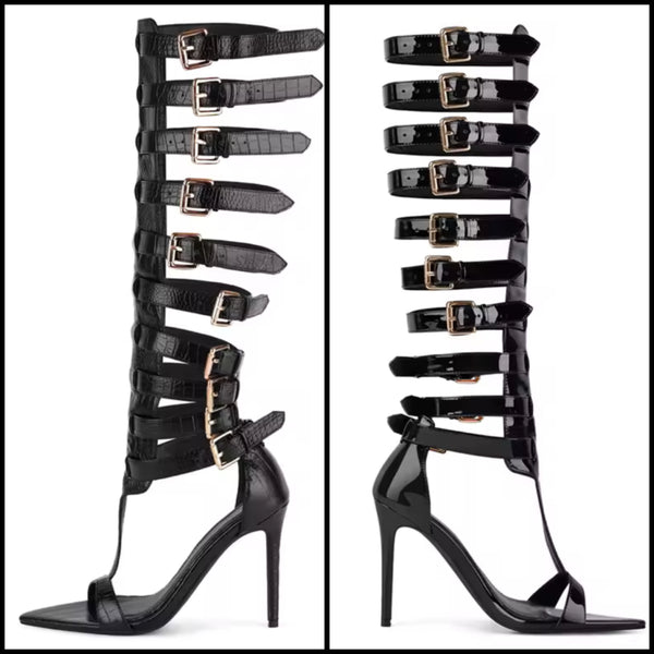 Women Fashion Black Open Toe Buckled Knee High Sandals