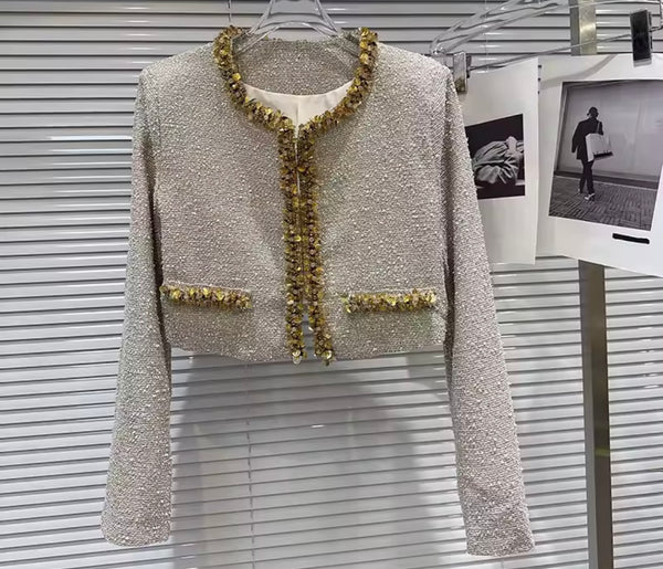 Women Gold Sequins Patchwork Tweed Three Piece Short Set