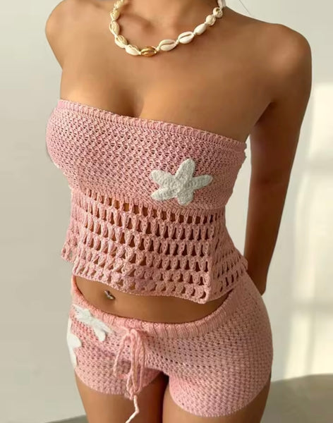Women Sexy Strapless Tie Up Open Back Knitted Two Piece Short Set