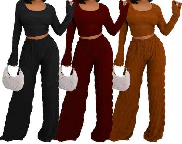 Women Fashion Full Sleeve Solid Color Crop Two Piece Pant Set